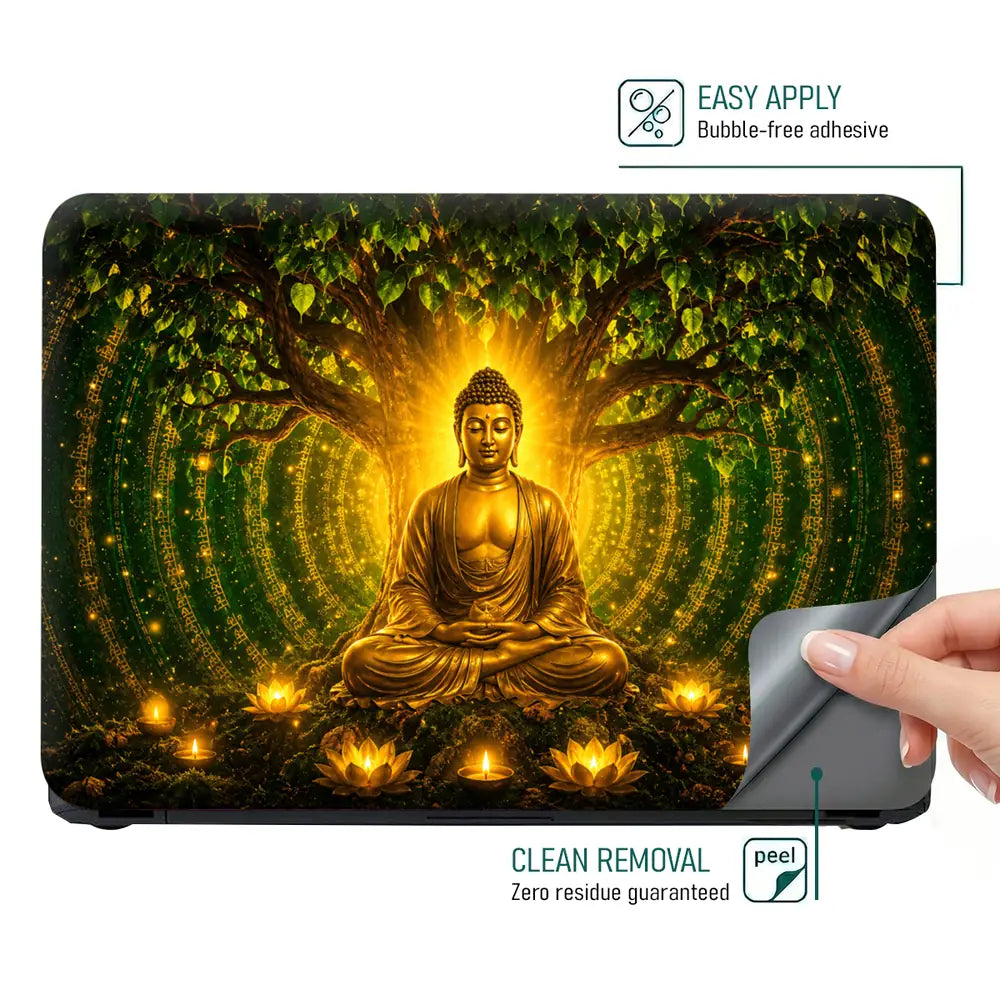 Spiritual Buddha Bodhi Tree Gold Green Laptop Skin - View 4