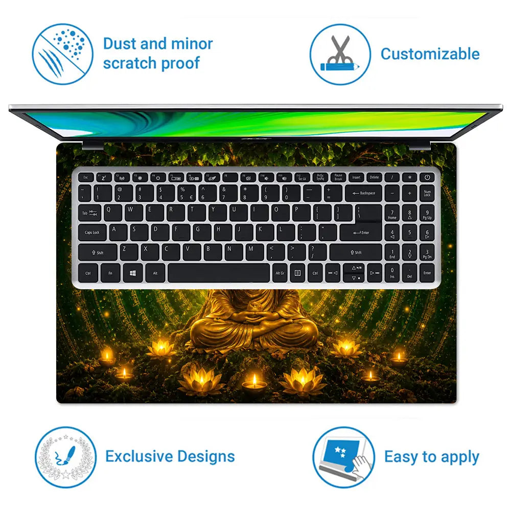 Spiritual Buddha Bodhi Tree Gold Green Laptop Skin - View 5