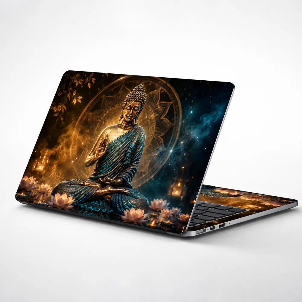 Spiritual Buddha Gold Blue Mandala Lotus Laptop Skin - View 1