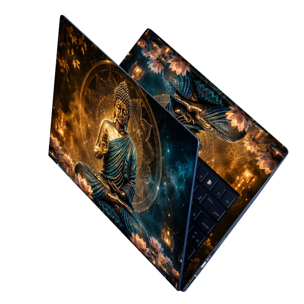 Spiritual Buddha Gold Blue Mandala Lotus Laptop Skin - View 2