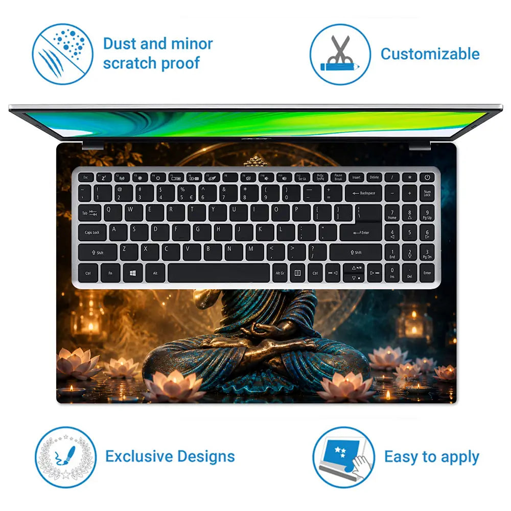 Spiritual Buddha Gold Blue Mandala Lotus Laptop Skin - View 5