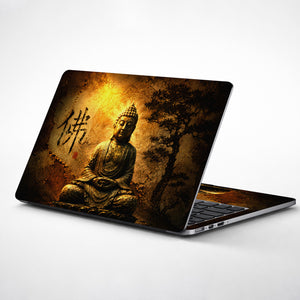 Spiritual Buddha Meditating with Kanji and Tree Laptop Skin - View 1