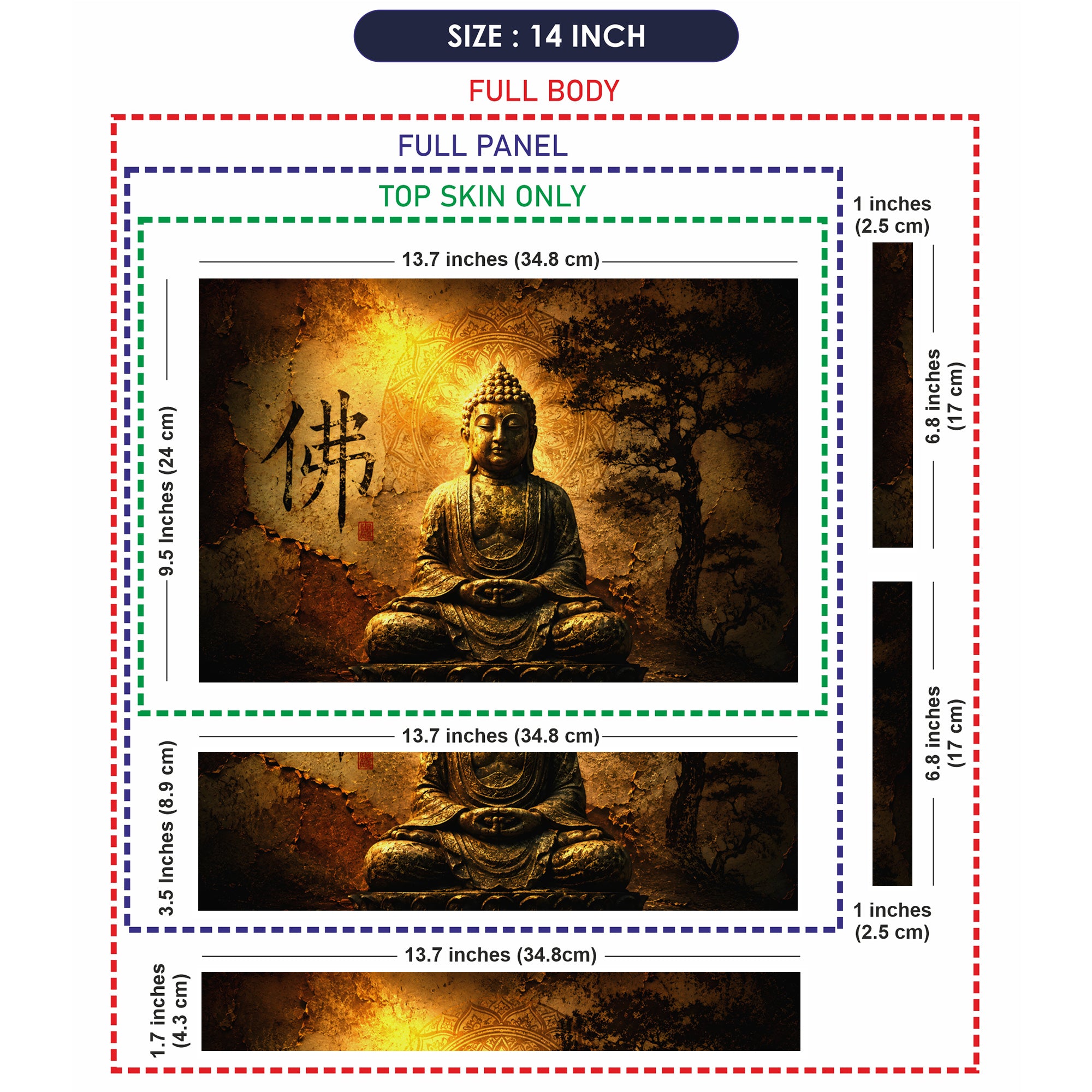 Spiritual Buddha Meditating with Kanji and Tree Laptop Skin - View 7