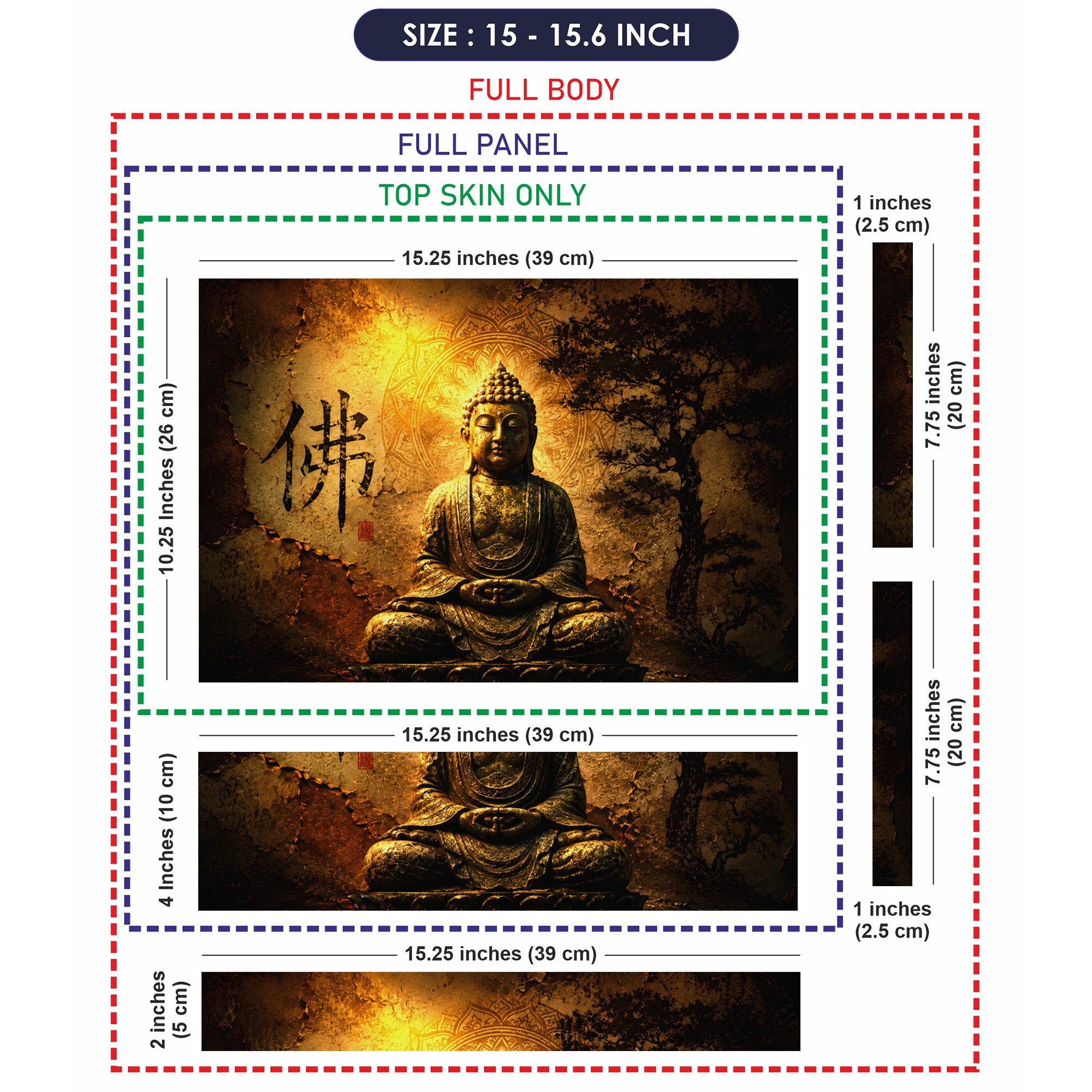 Spiritual Buddha Meditating with Kanji and Tree Laptop Skin - View 8