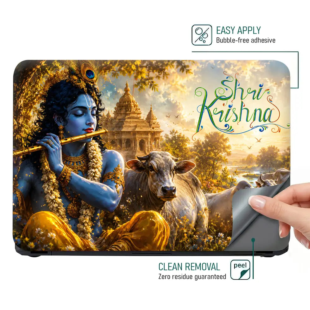Spiritual Hindu Krishna Flute Cows Temple Laptop Skin - View 4