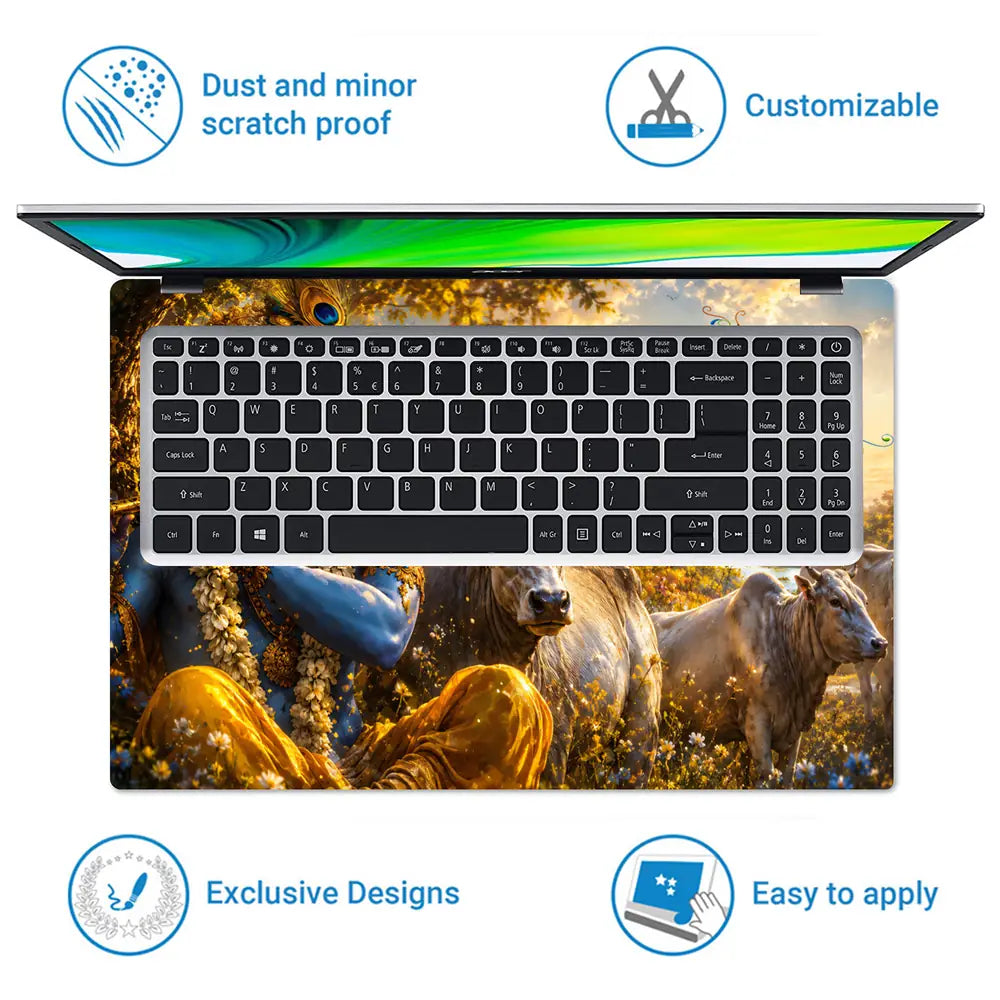 Spiritual Hindu Krishna Flute Cows Temple Laptop Skin - View 5