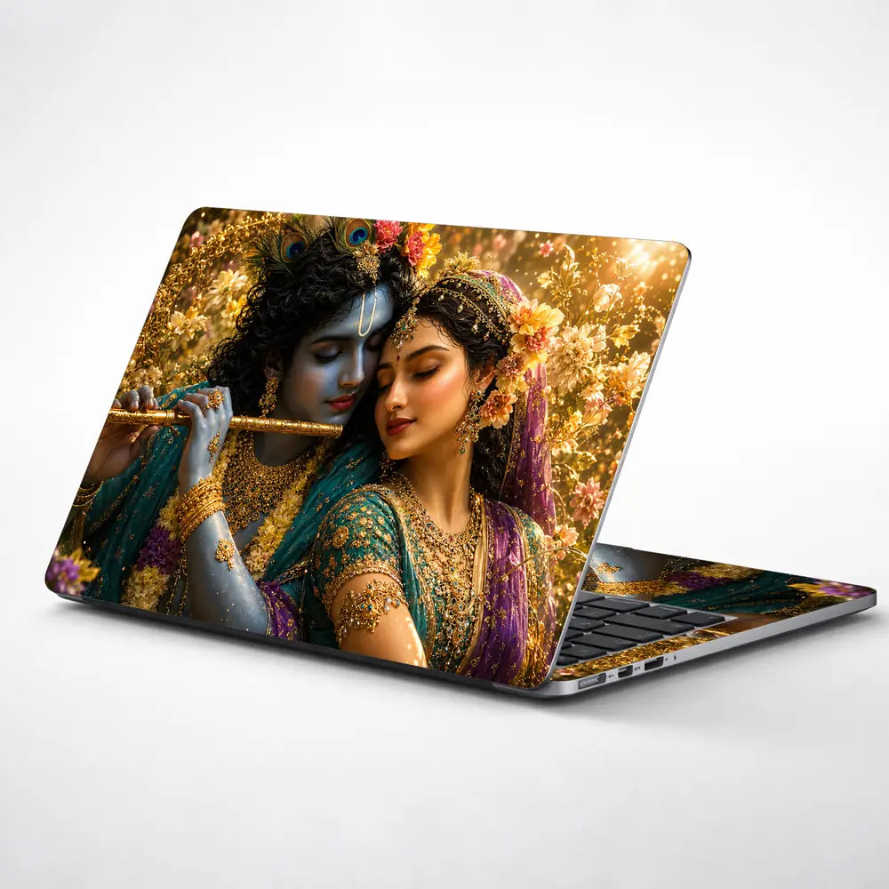 Spiritual Hindu Radha Krishna Embrace Floral Laptop Skin - View 1