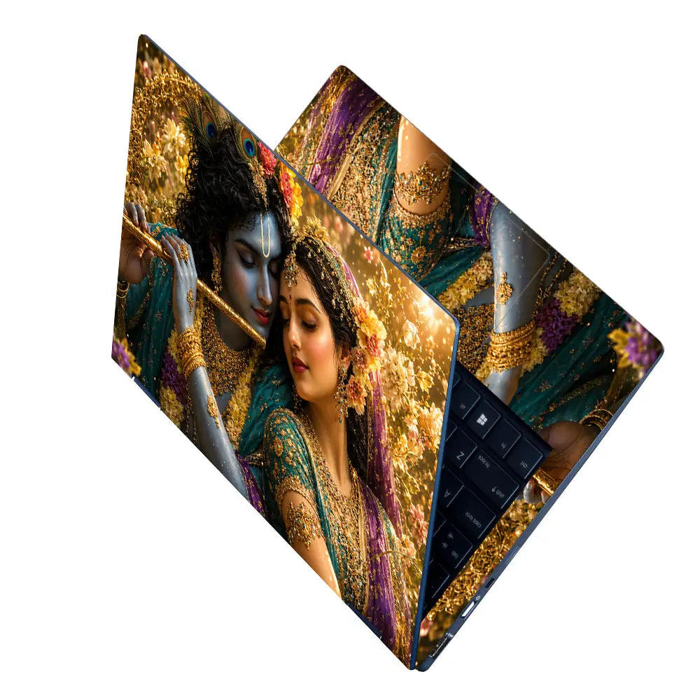 Spiritual Hindu Radha Krishna Embrace Floral Laptop Skin - View 2