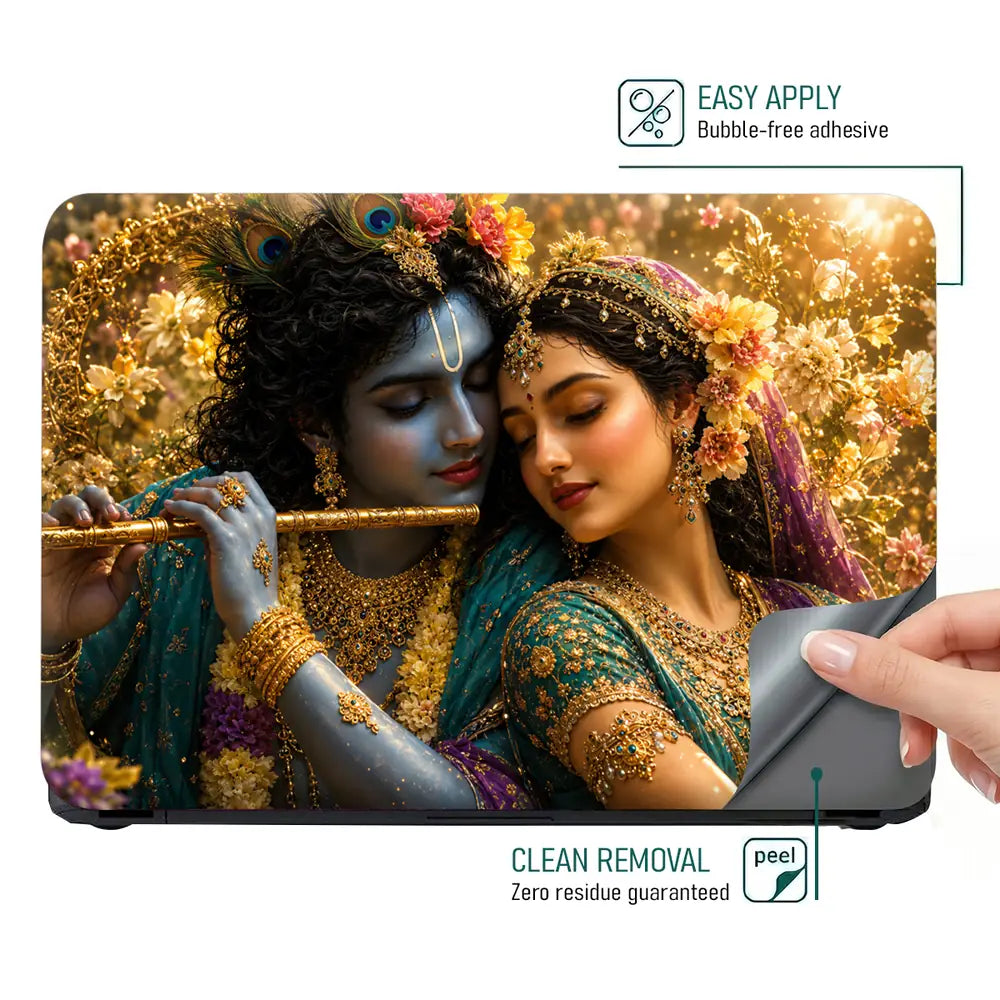 Spiritual Hindu Radha Krishna Embrace Floral Laptop Skin - View 4