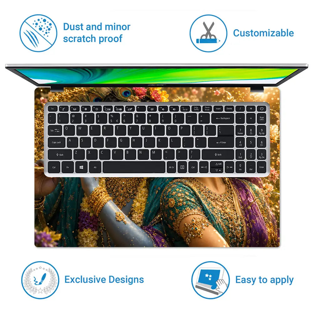Spiritual Hindu Radha Krishna Embrace Floral Laptop Skin - View 5