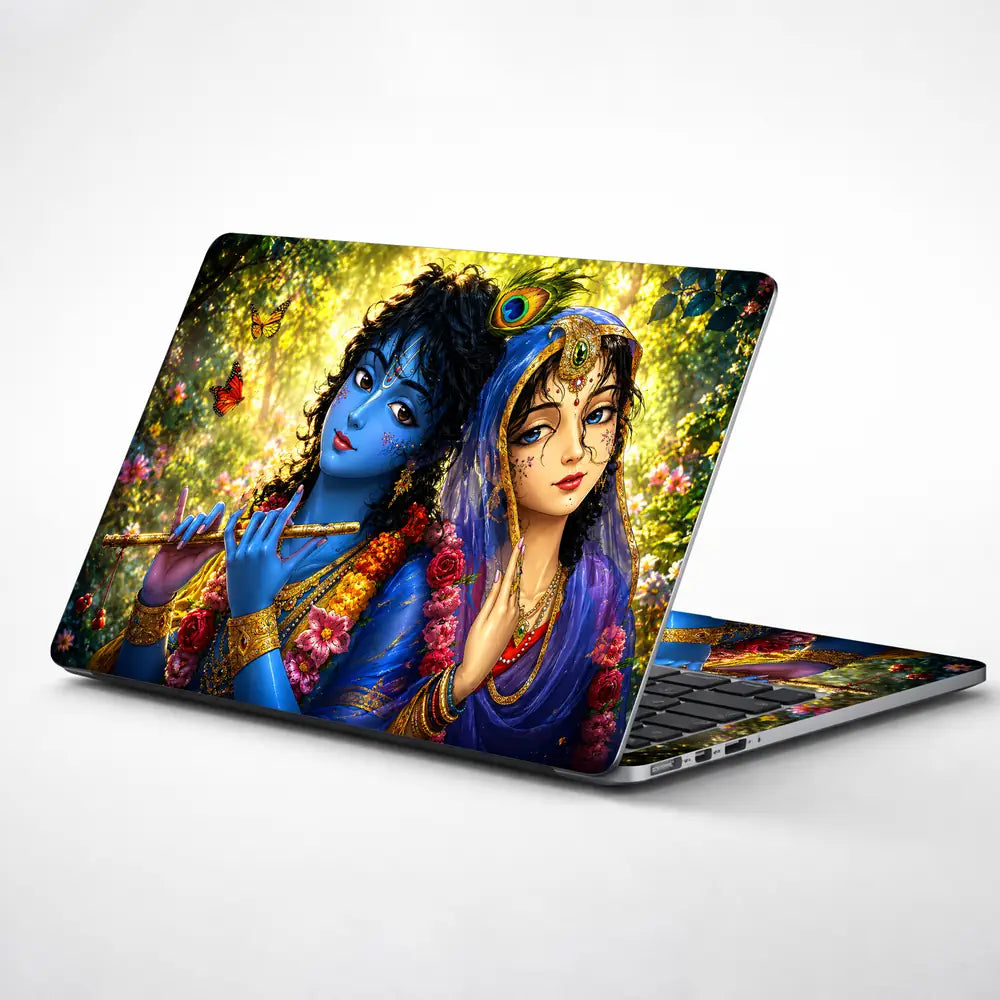 Spiritual Hindu Radha Krishna Garden Butterflies Laptop Skin - View 1
