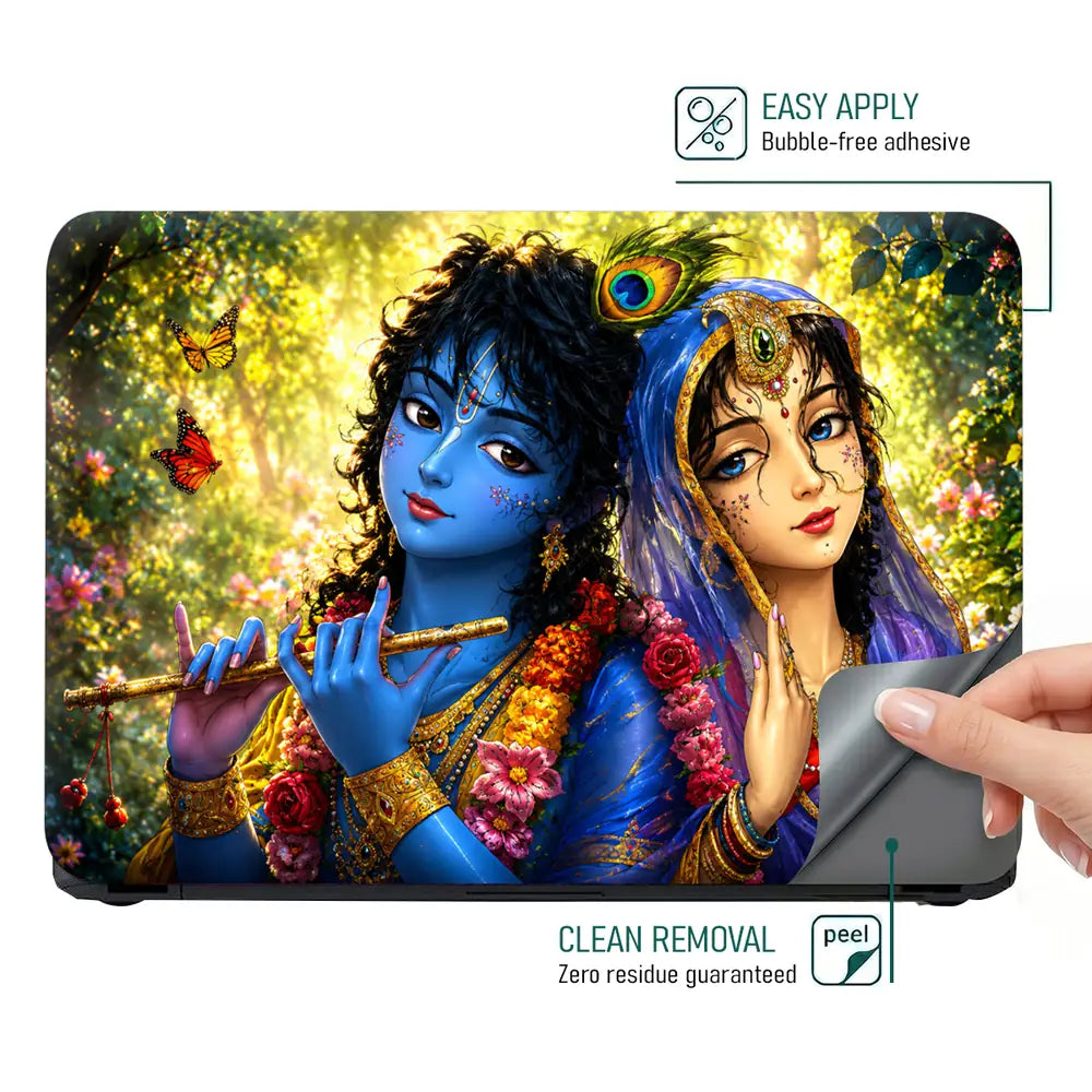 Spiritual Hindu Radha Krishna Garden Butterflies Laptop Skin - View 4