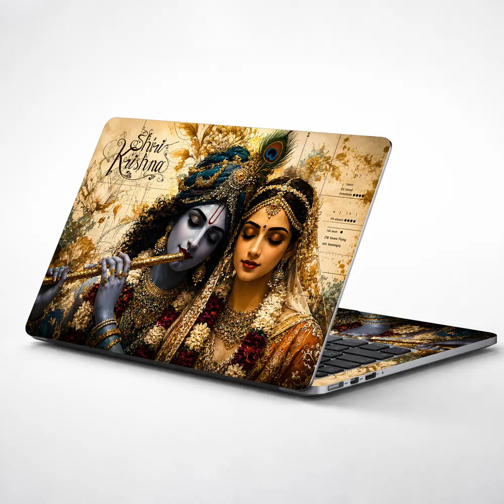 Spiritual Hindu Radha Krishna Vintage Floral Laptop Skin - View 1