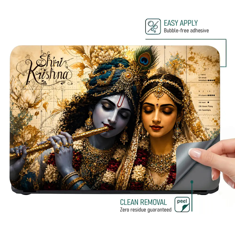 Spiritual Hindu Radha Krishna Vintage Floral Laptop Skin - View 4