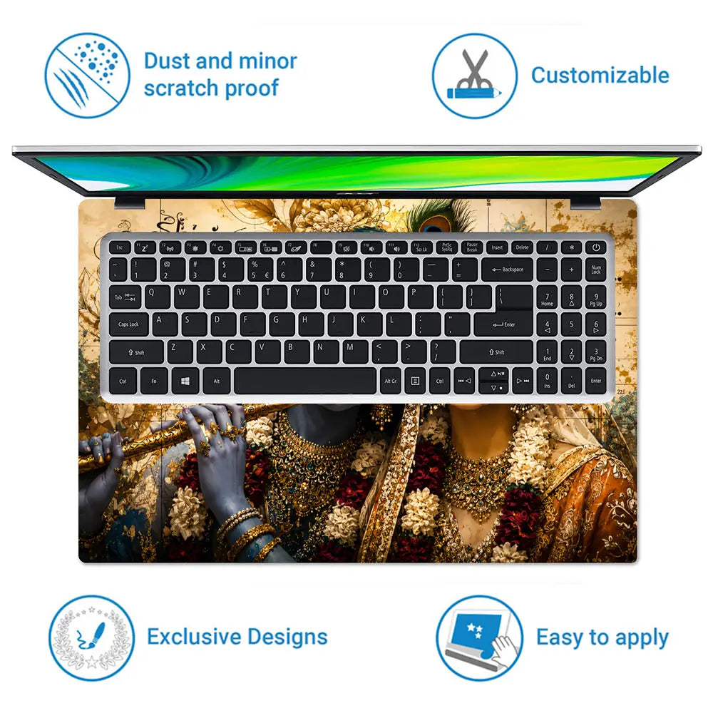 Spiritual Hindu Radha Krishna Vintage Floral Laptop Skin - View 5