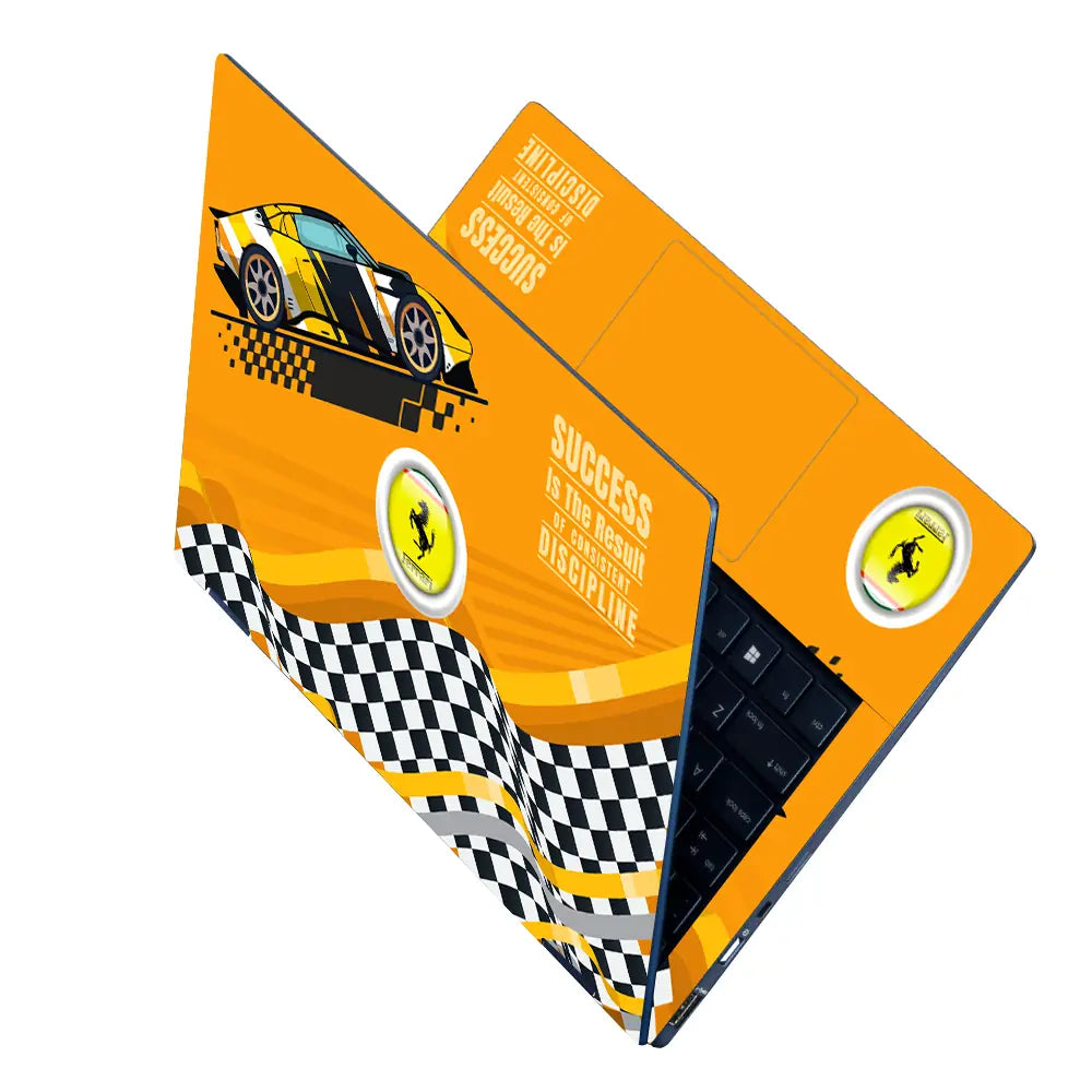 Success is the Result of Consistent Discipline Yellow Race Car Laptop Skin - View 2