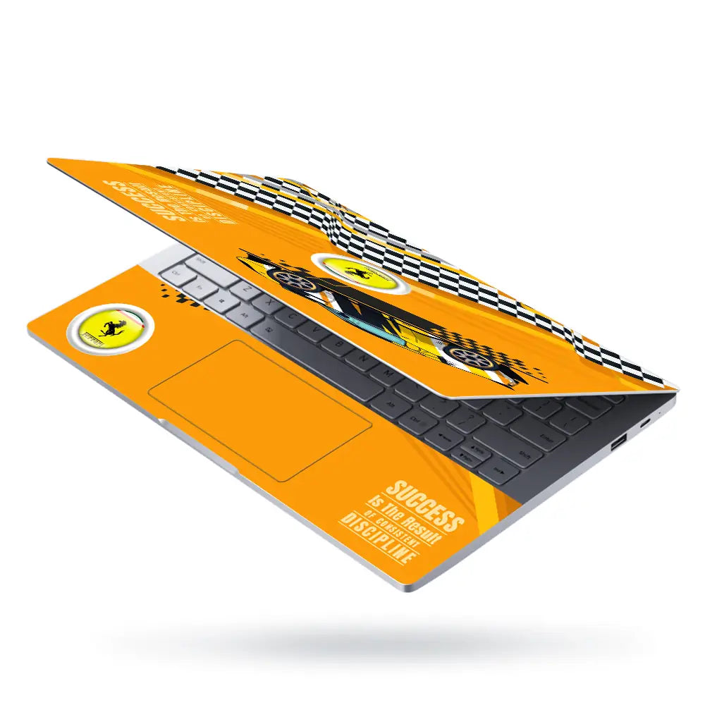 Success is the Result of Consistent Discipline Yellow Race Car Laptop Skin - View 3