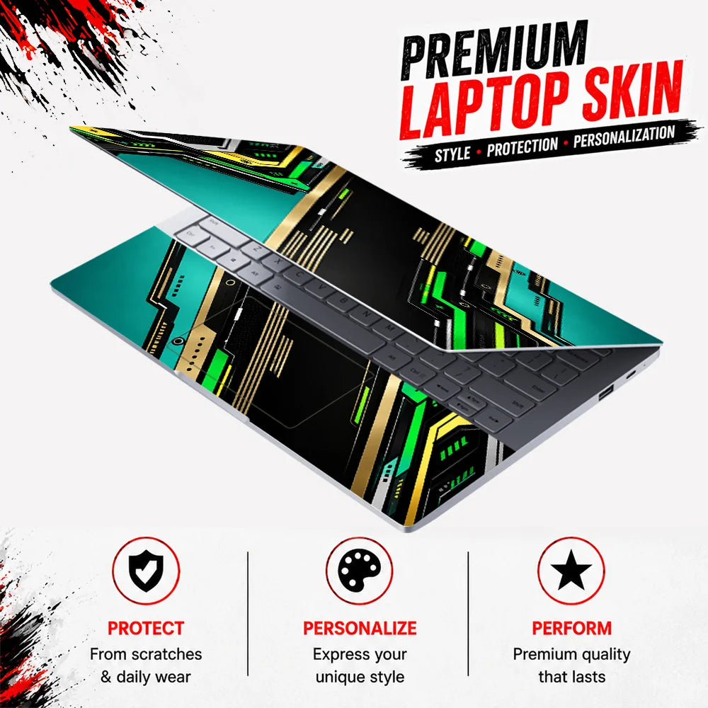 Teal Gold Circuit Diagonal Laptop Skin - View 3