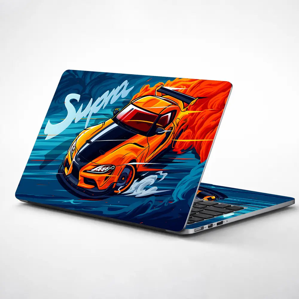 Toyota Supra Orange BlueFlames Laptop Skin - View 1