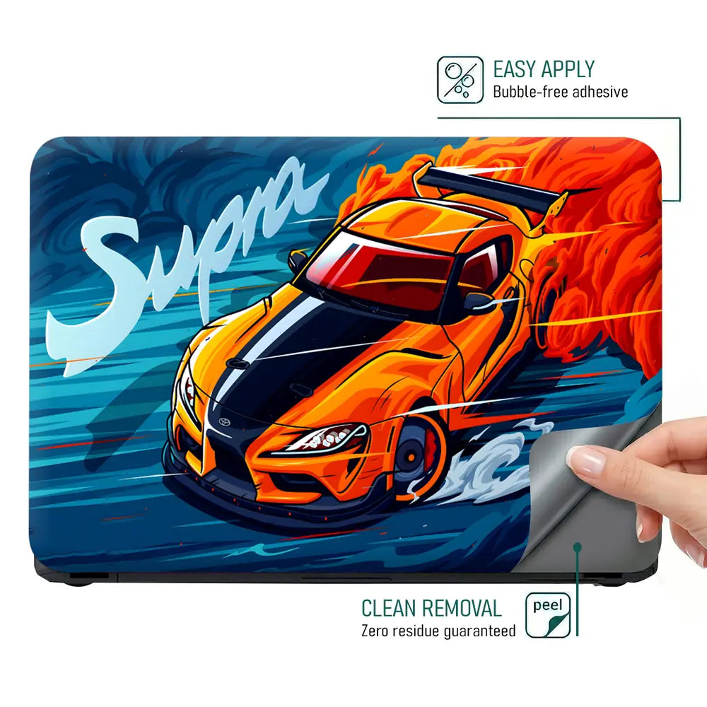 Toyota Supra Orange BlueFlames Laptop Skin - View 4