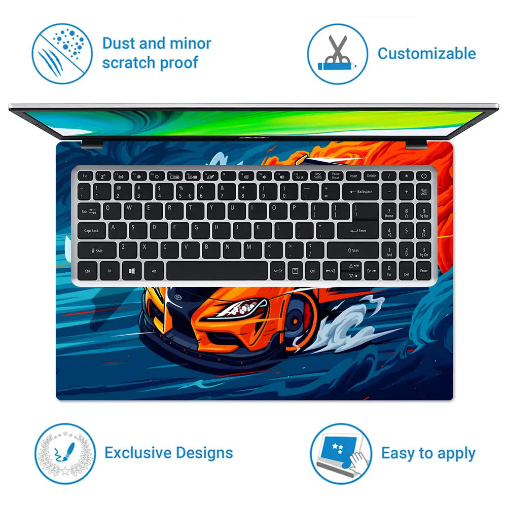 Toyota Supra Orange BlueFlames Laptop Skin - View 5