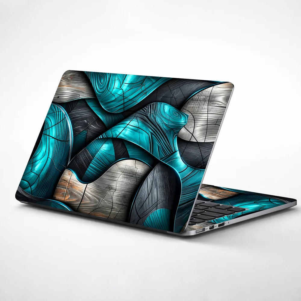 Turquoise Ribbon Woodgrain Abstract Laptop Skin - View 1