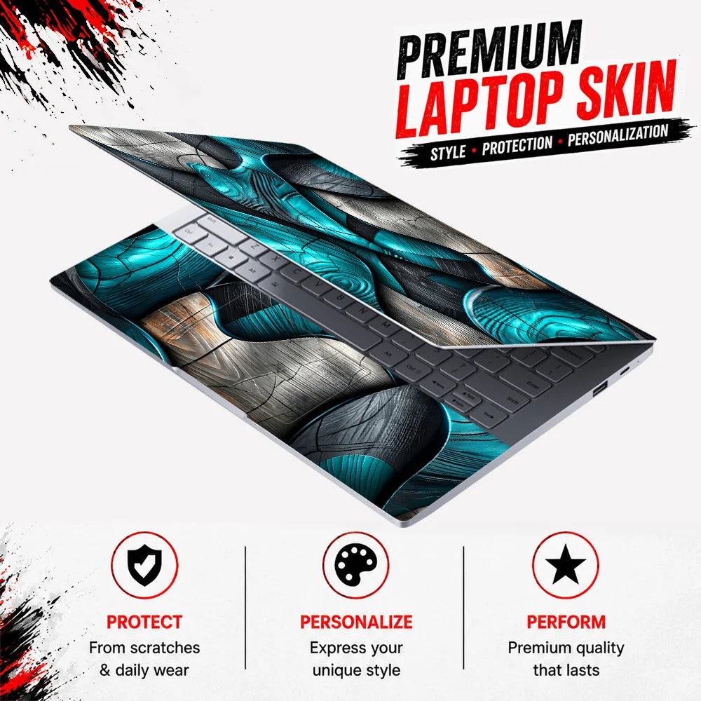 Turquoise Ribbon Woodgrain Abstract Laptop Skin - View 3