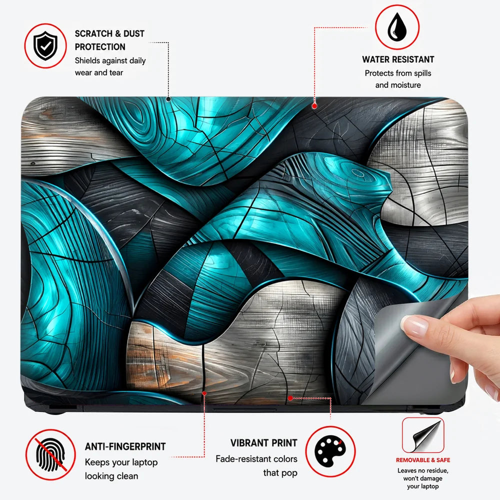 Turquoise Ribbon Woodgrain Abstract Laptop Skin - View 4