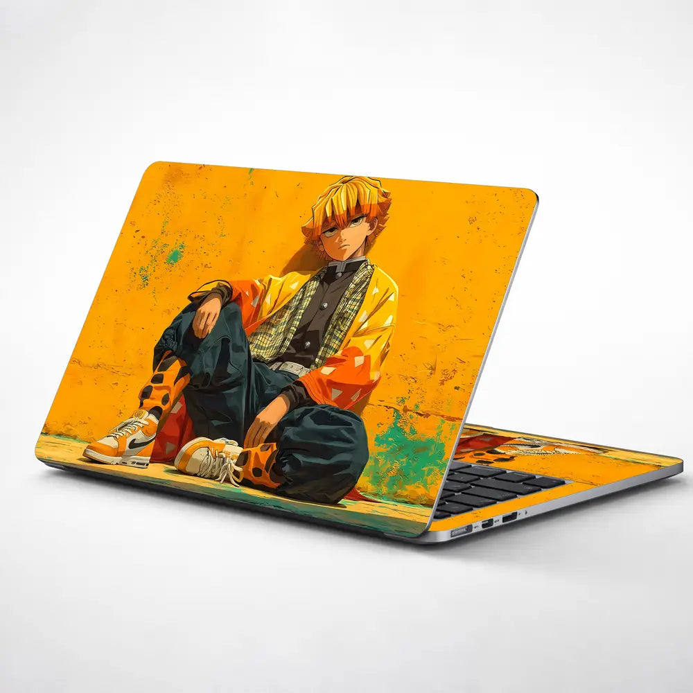 Vibrant Anime Character Against Yellow Wall Laptop Skin - View 1