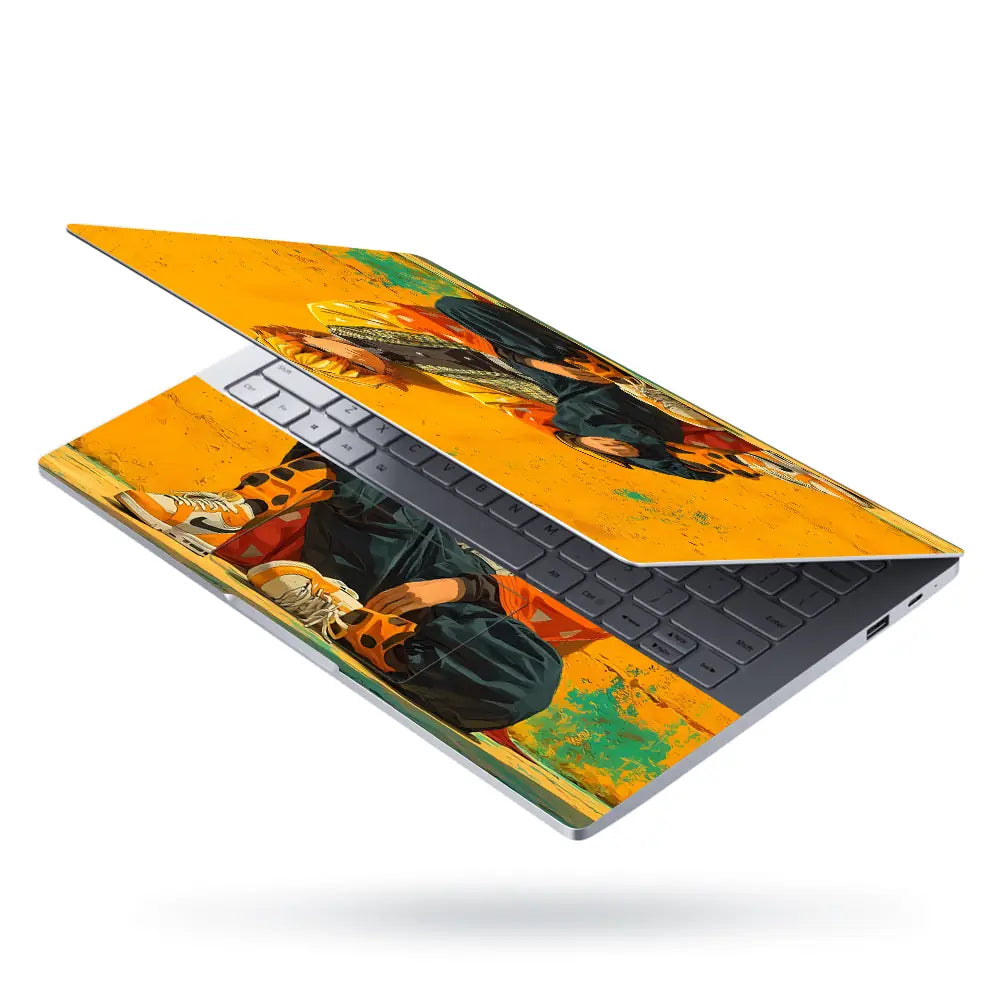 Vibrant Anime Character Against Yellow Wall Laptop Skin - View 3