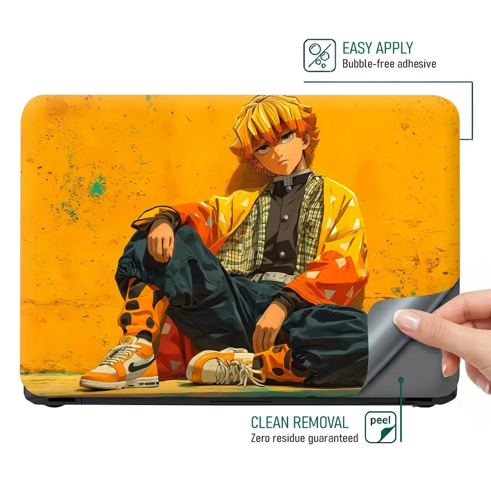 Vibrant Anime Character Against Yellow Wall Laptop Skin - View 4