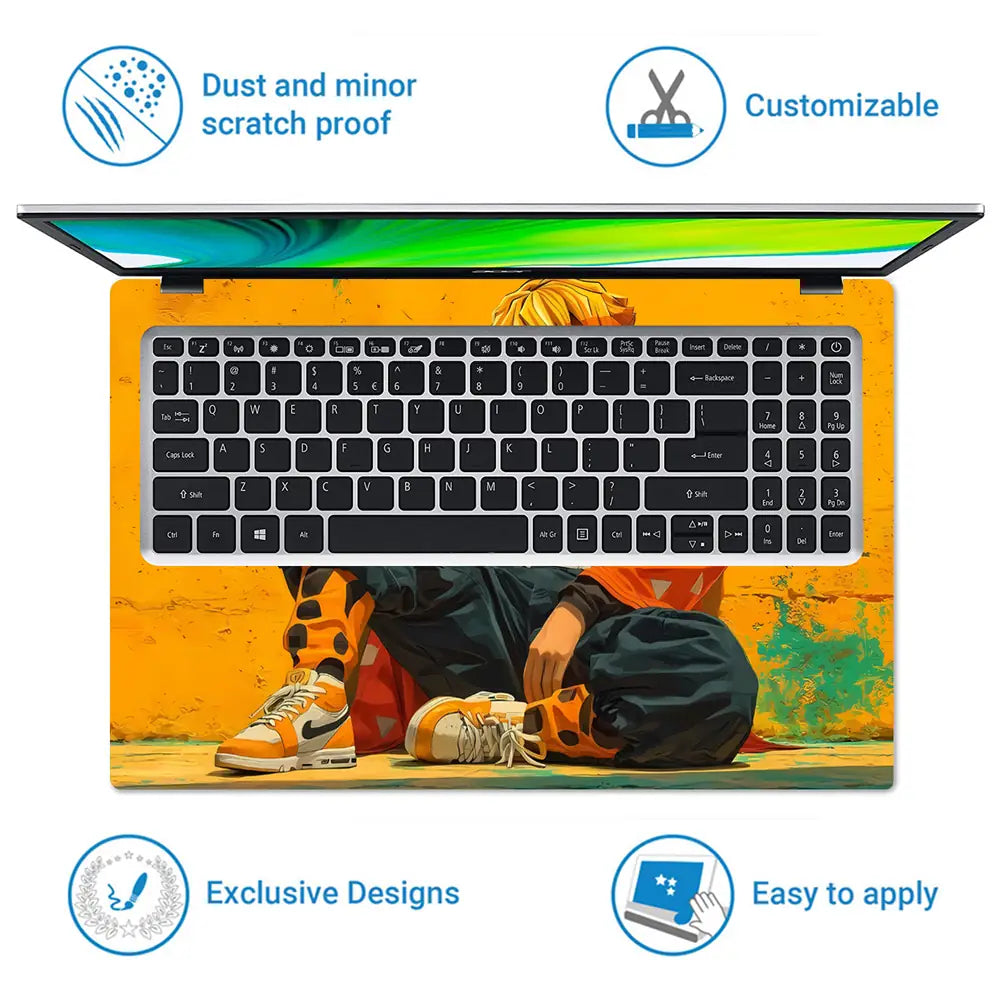Vibrant Anime Character Against Yellow Wall Laptop Skin - View 5