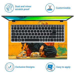 Vibrant Anime Character Against Yellow Wall Laptop Skin - View 5