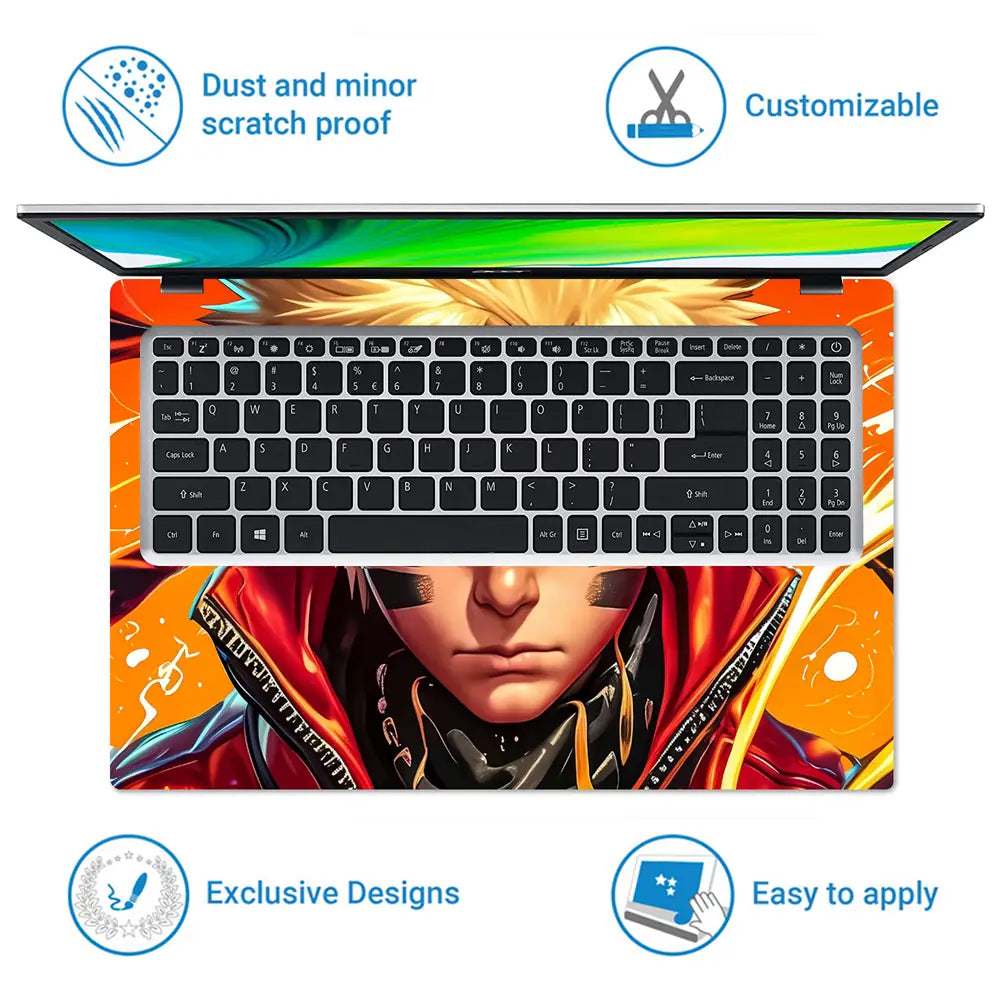 Vibrant Anime Ninja With Fiery Background Laptop Skin - View 5