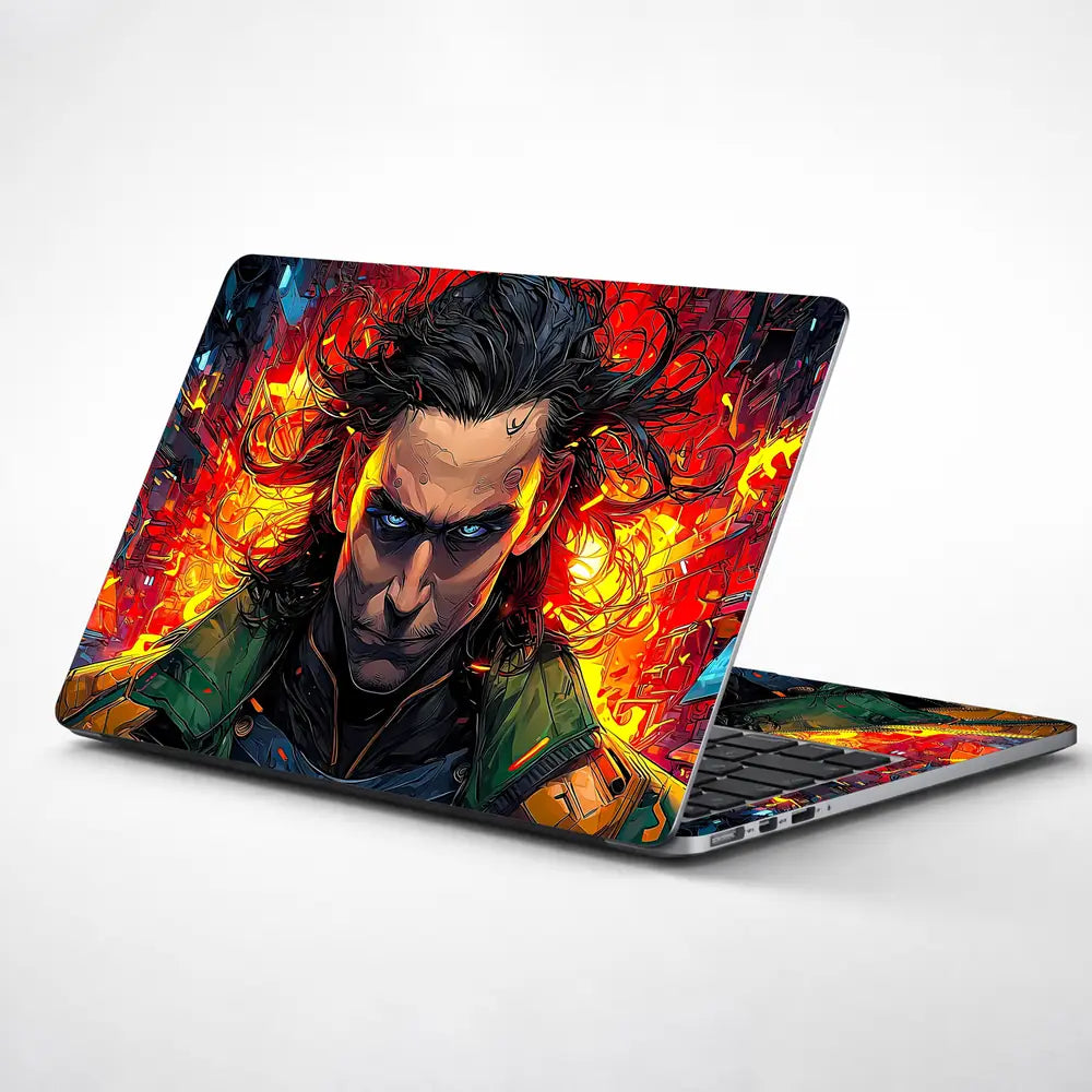 Vibrant Superhero Portrait With Fiery Background Laptop Skin - View 1