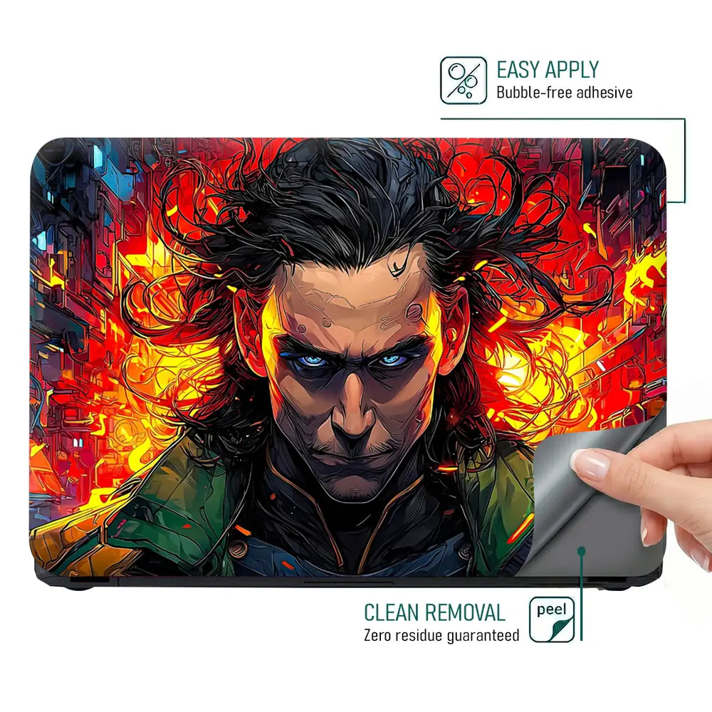 Vibrant Superhero Portrait With Fiery Background Laptop Skin - View 4