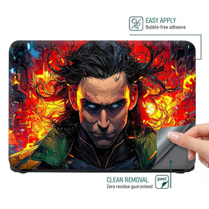 Vibrant Superhero Portrait With Fiery Background Laptop Skin - View 4