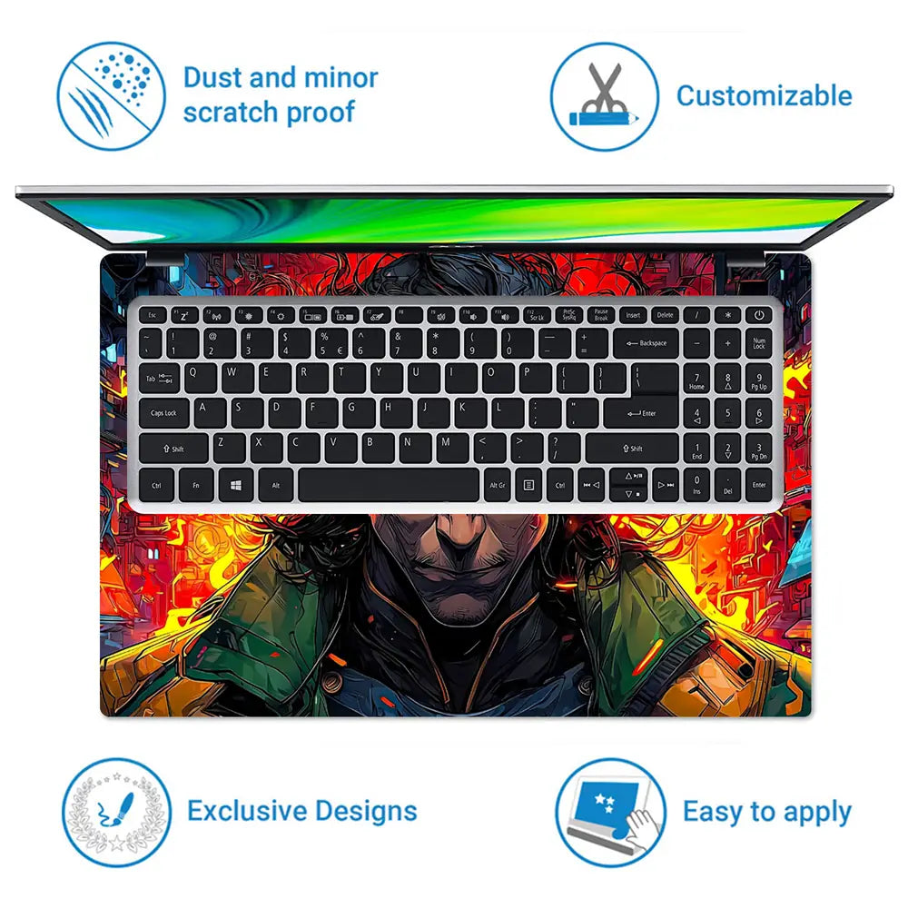 Vibrant Superhero Portrait With Fiery Background Laptop Skin - View 5