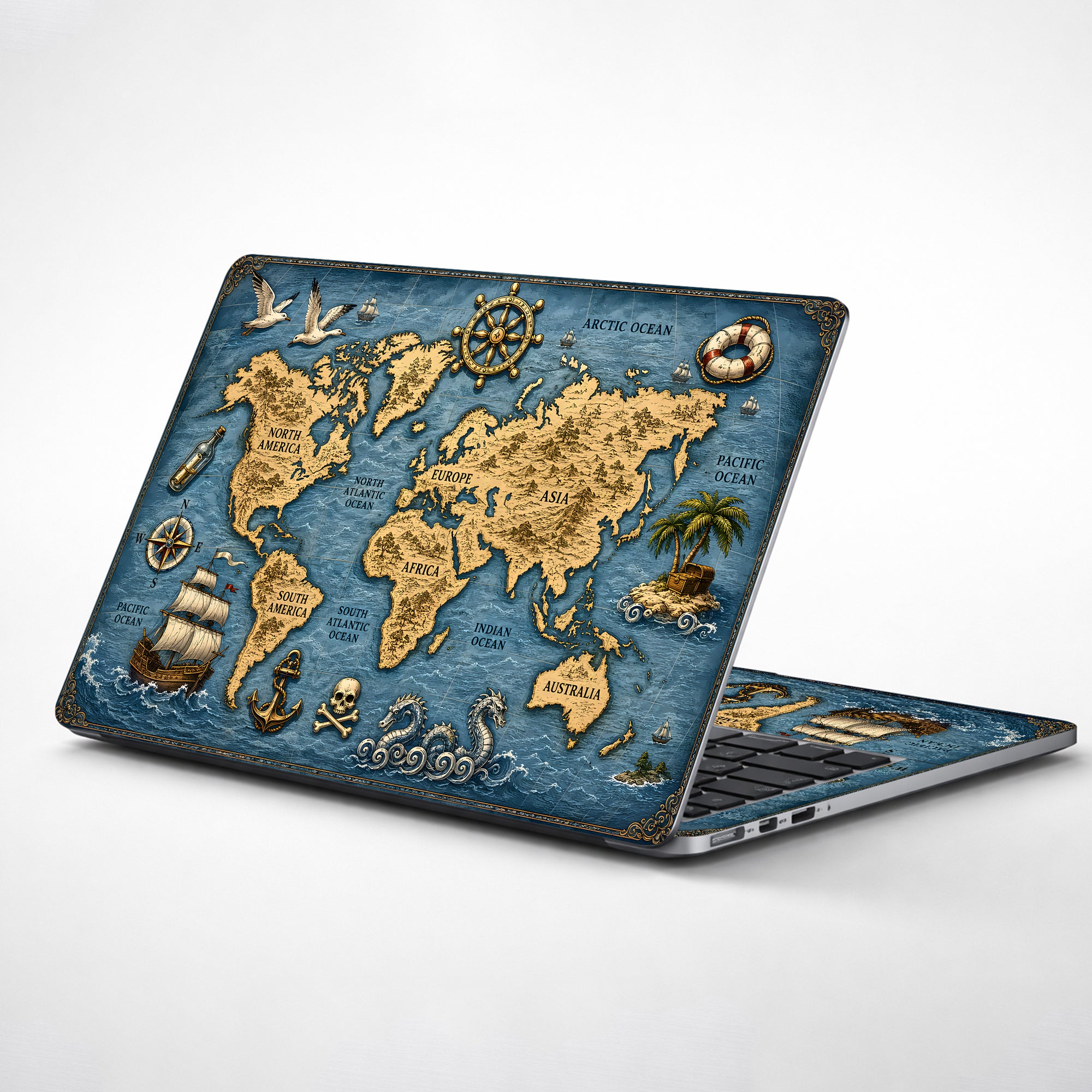Vintage Pirate World Map Ship Laptop Skin - View 1