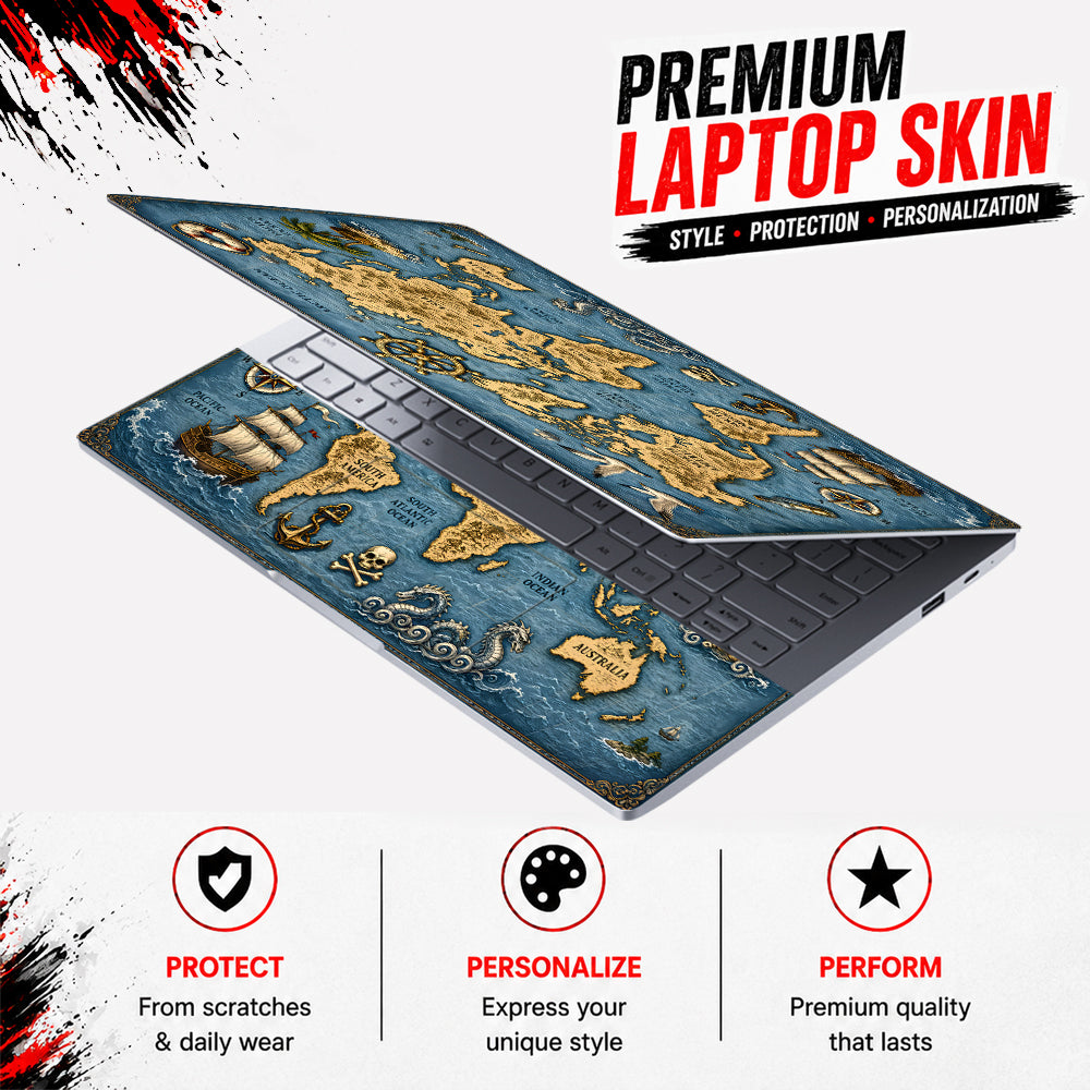 Vintage Pirate World Map Ship Laptop Skin - View 3