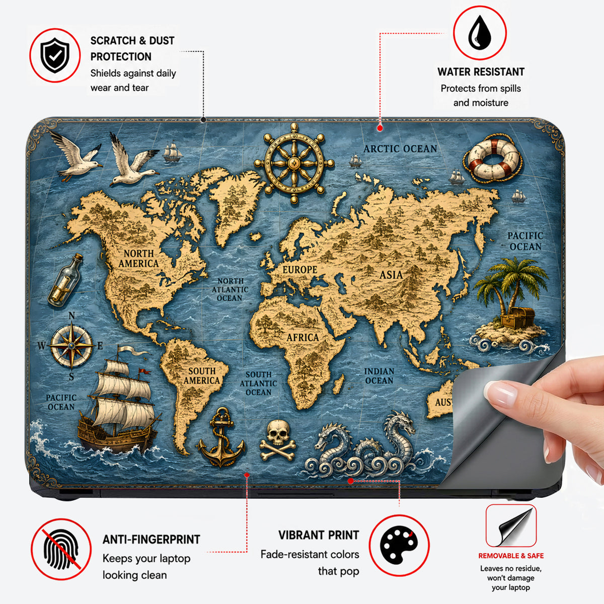 Vintage Pirate World Map Ship Laptop Skin - View 4