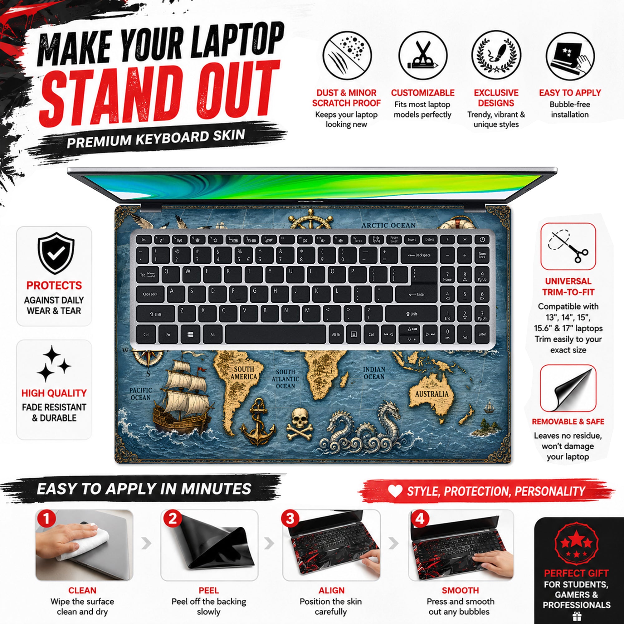 Vintage Pirate World Map Ship Laptop Skin - View 5