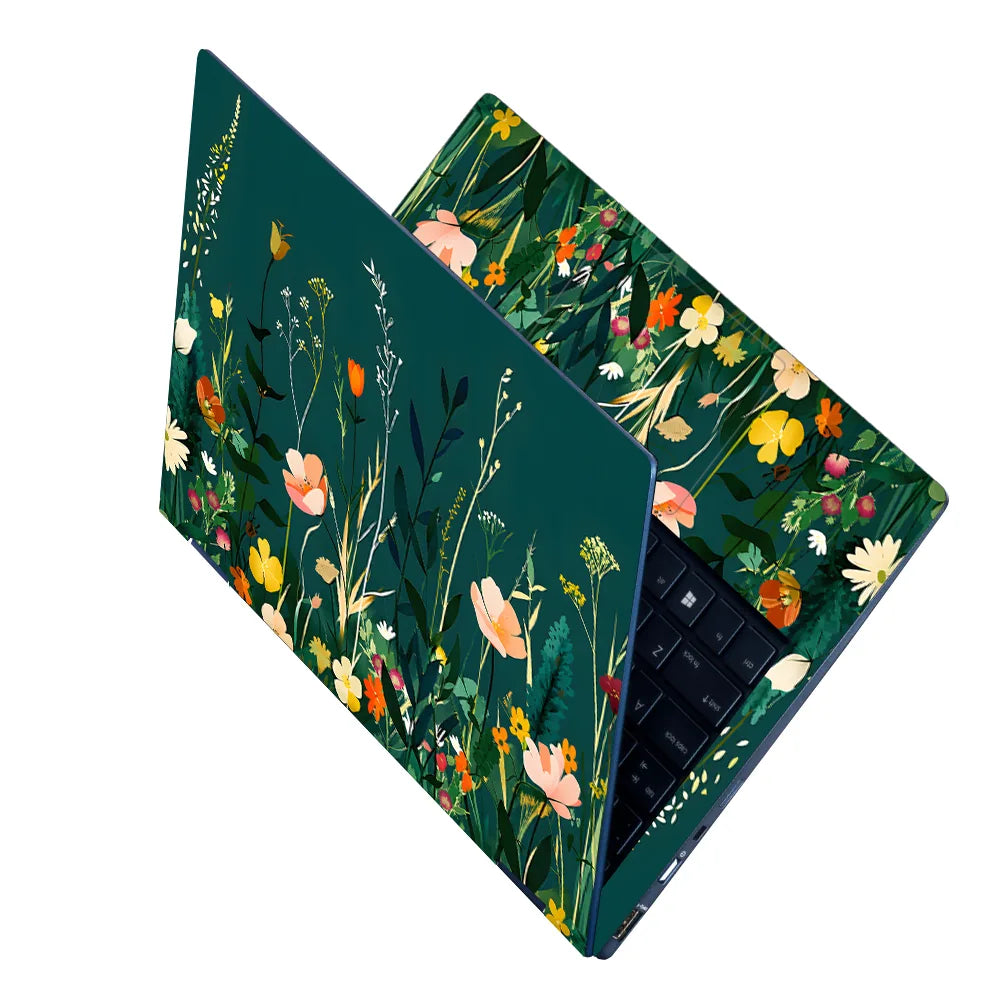 Wildflowers Teal Background Laptop Skin - View 2