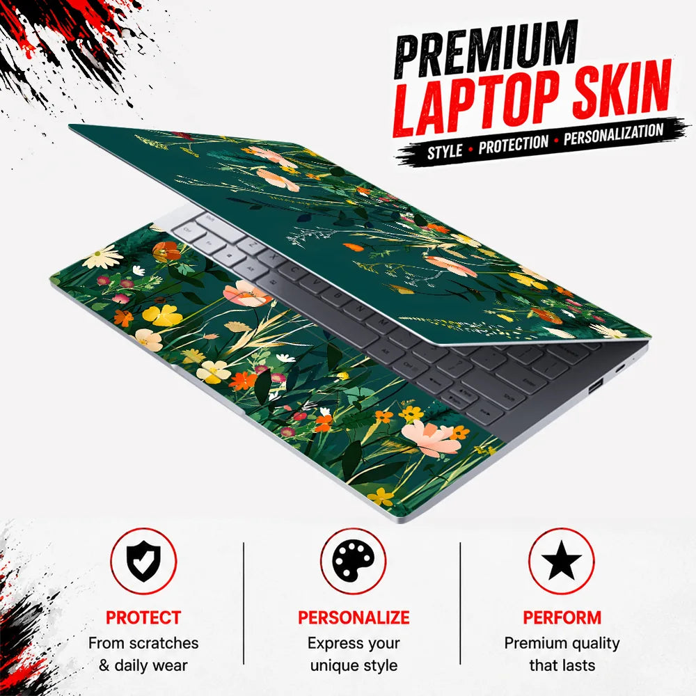 Wildflowers Teal Background Laptop Skin - View 3