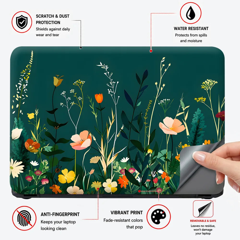 Wildflowers Teal Background Laptop Skin - View 4