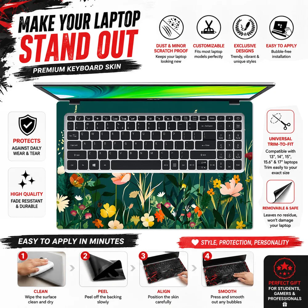 Wildflowers Teal Background Laptop Skin - View 5