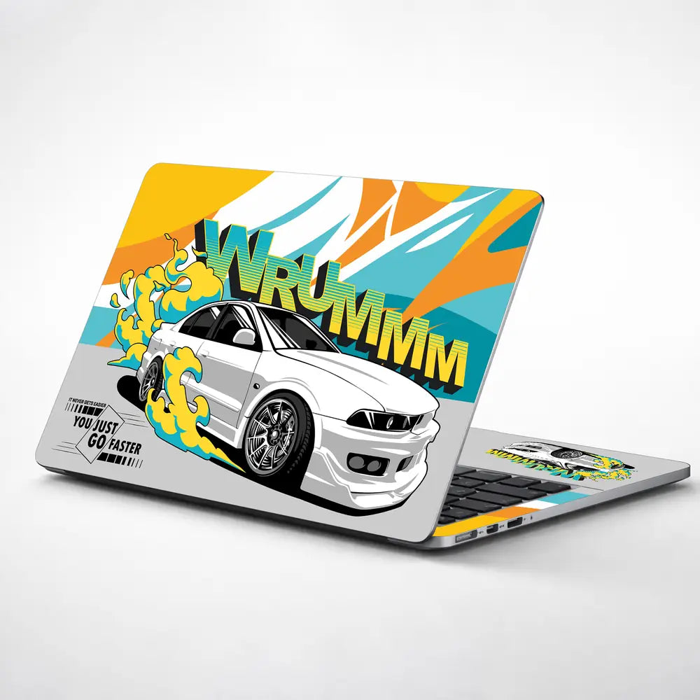 Wrummm You Just Go Faster White Sports Car with Flames Laptop Skin - View 1