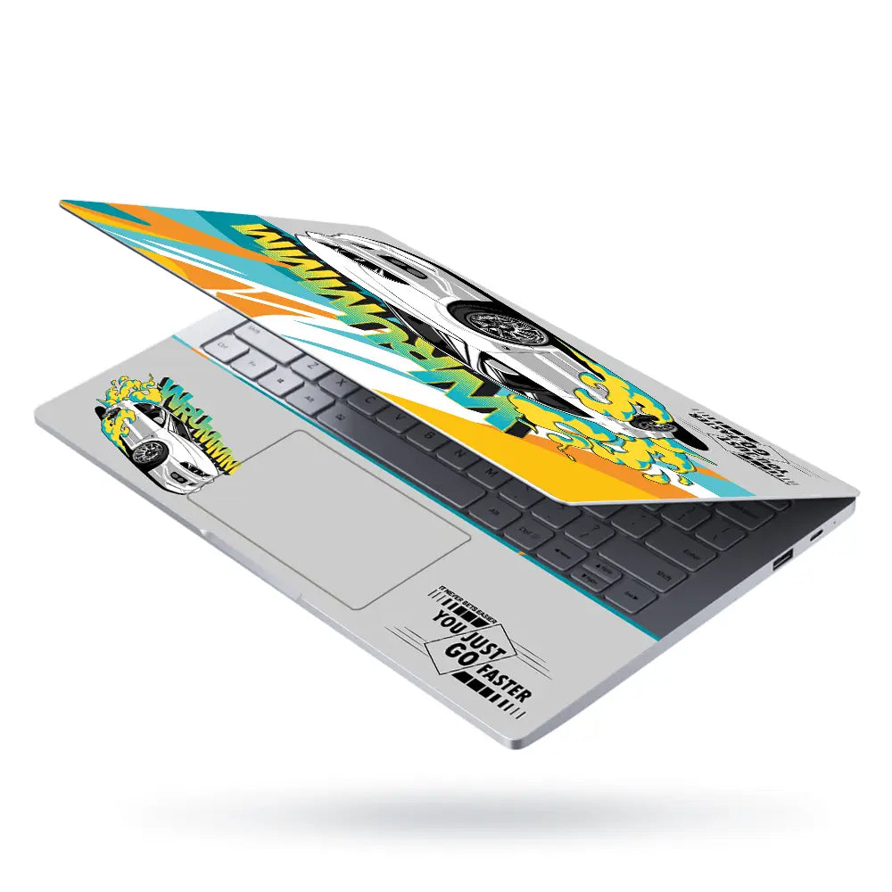 Wrummm You Just Go Faster White Sports Car with Flames Laptop Skin - View 3
