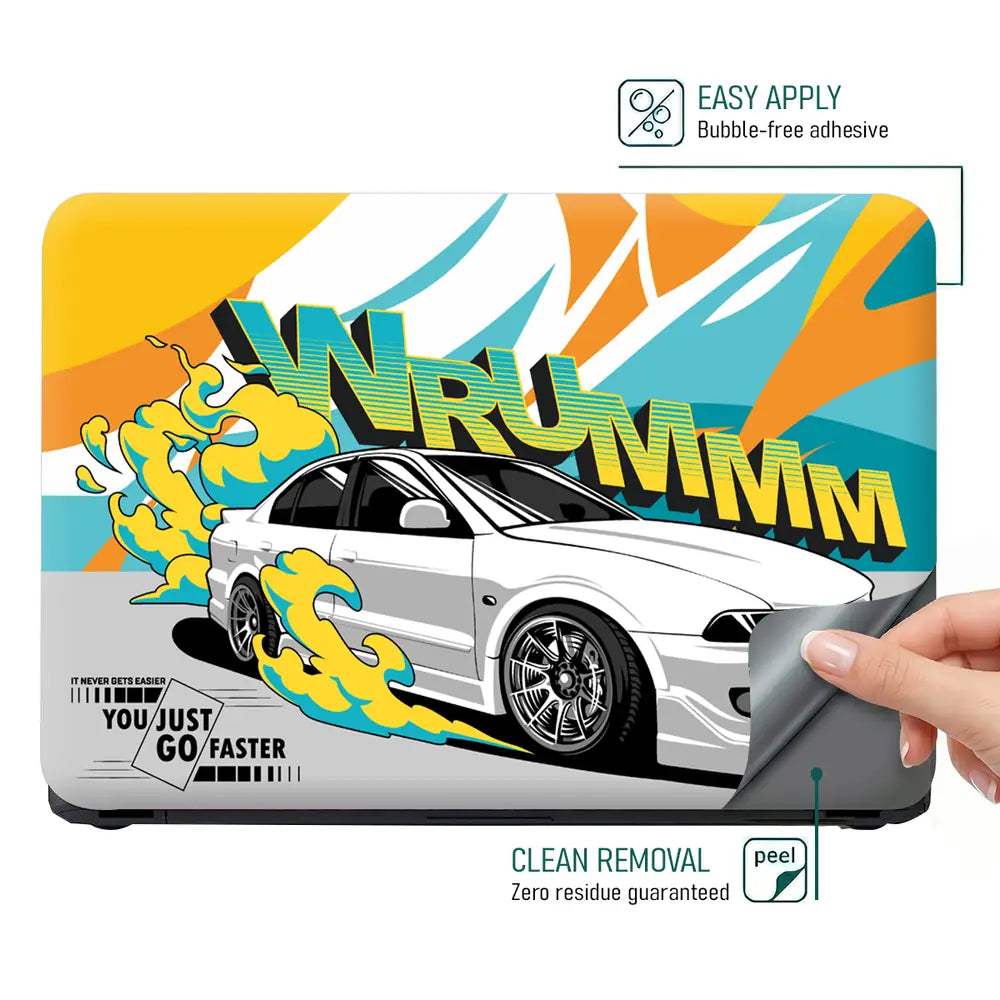 Wrummm You Just Go Faster White Sports Car with Flames Laptop Skin - View 4