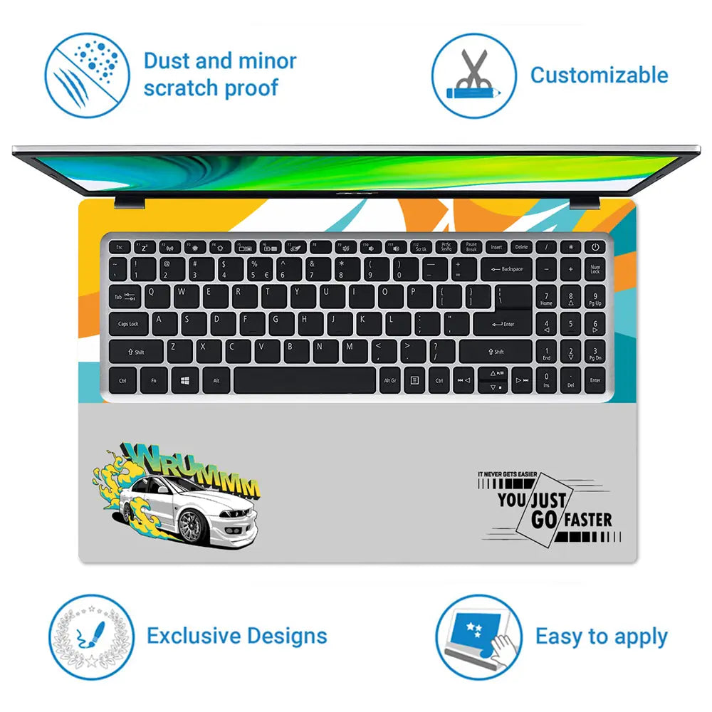 Wrummm You Just Go Faster White Sports Car with Flames Laptop Skin - View 5